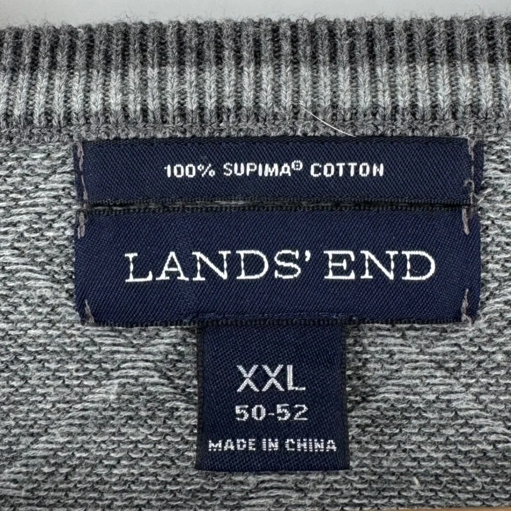 Lands End Mens XXL V Neck Sweater‎ Grey Diamond Knit Supima Cotton Long Sleeve